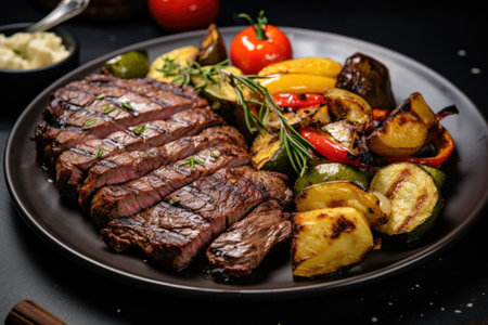 Fried beef steak with grilled vegetables served on a black plate.の素材