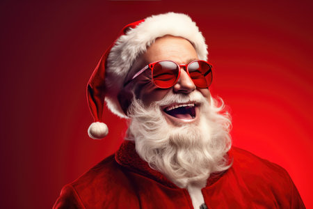 Portrait of happy and cheerful Santa Claus on red studio background.の素材