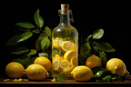 a glass transparent bottle standing on a table among lemons.の素材