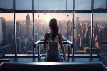 Sports girl athlete in sportswear runs on a treadmill. Vigorous training of sportswoman in the gym alone. View from the window of the city's business district. back portrait.の素材
