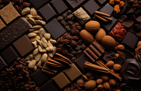 Pieces of chocolate bars. Background with chocolate. Pieces of assorted dark chocolate and cinnamon.の素材