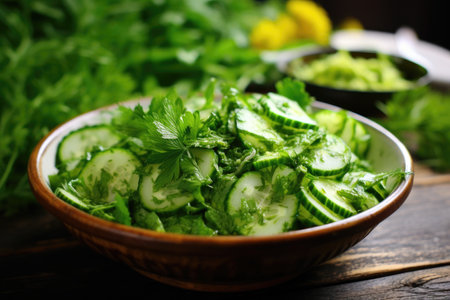 Full bowl of fresh green salad on the table in the kitchen.の素材