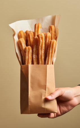 Churros traditional Spain or Mexican street fast food, baked snack made from sweet dough in a parchment bag in hand.の素材