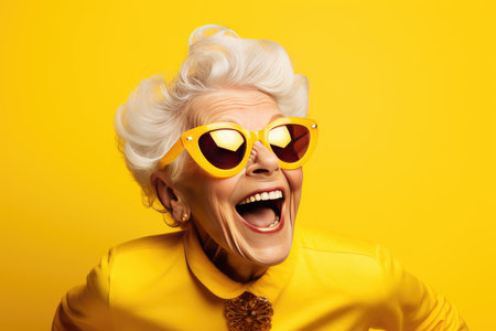 portrait of a cheerful smiling elderly grandmother in glasses on a yellow background.の素材