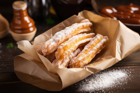 Traditional Spanish dessert churros with puffed sugar, churros close-up, fresh hot sticks in a paper bag.の素材