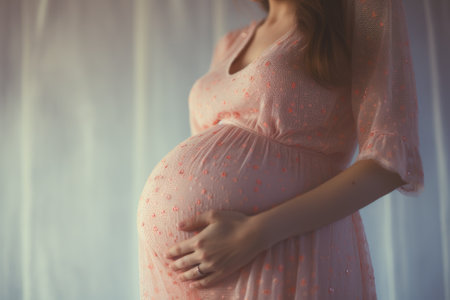 Image of pregnant woman touching her belly with hands.の素材