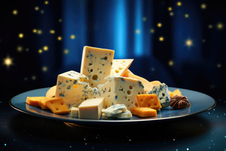 mix of blue cheeses on a plate on a dark blue background.の素材