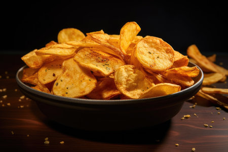natural potato chips with salt and herbs on a plate on a wooden table.の素材