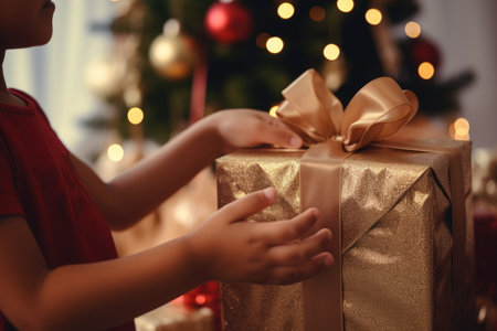 children's hands holding a gift on the background of a Christmas tree and bokeh.の素材