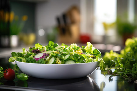 Full bowl of fresh green salad on the table in the kitchen.の素材