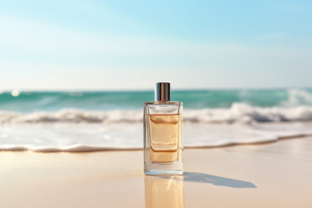 a bottle of perfume stands on the sand against the backdrop of the sea.の素材