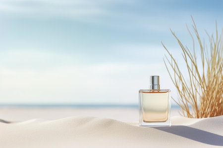 a bottle of perfume stands on the sand against the backdrop of the sea.の素材