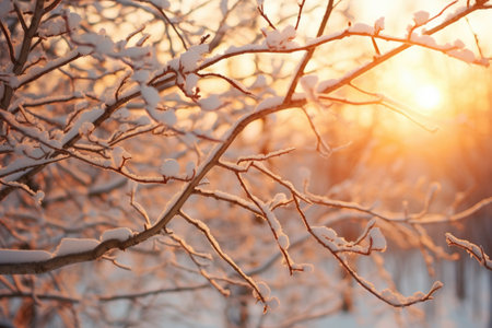 White snow on bare tree branches on a frosty winter day, close-up against a sunset background.の素材