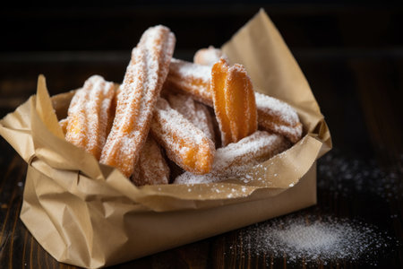 Traditional Spanish dessert churros with puffed sugar, churros close-up, fresh hot sticks in a paper bag.の素材