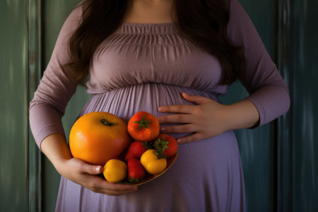Close-up of a pregnant belly with fresh fruit. Healthy pregnancy, diet and vitamins.の素材