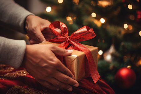 hands holding a gift box on a background of a Christmas tree.の素材