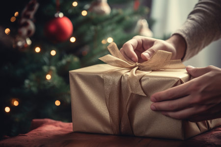 hands holding a gift box on a background of a Christmas tree.の素材