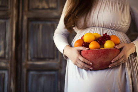 Close-up of a pregnant belly with fresh fruit. Healthy pregnancy, diet and vitamins.の素材