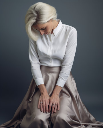 beautiful attractive elderly woman in stylish clothes and with hairstyle isolated on gray background.の素材