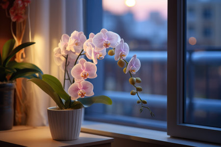 flower and leaves of the phalaenopsis orchid in a flower pot on the windowsill in the house. Care of a houseplant. Home garden. Room interior decoration.の素材