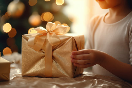 children's hands holding a gift on the background of a Christmas tree and bokeh.の素材