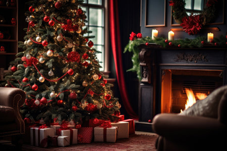 Christmas, New Year, evening interior with decorated Christmas tree and gifts.の素材