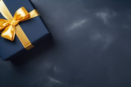 dark blue gift box with golden ribbon on dark blue background, top view, copy space for mockup.の素材