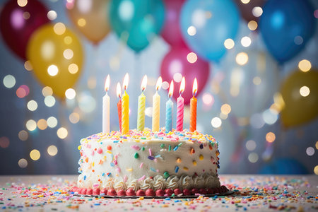 Birthday cake with candles on a background of colorful balloons.の素材