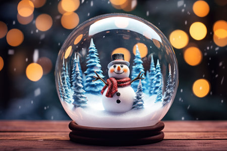 Beautiful snow globe and Christmas balls on a bokeh background from a garland. Snowman figure in glass ball on snowy background with golden bokeh.の素材
