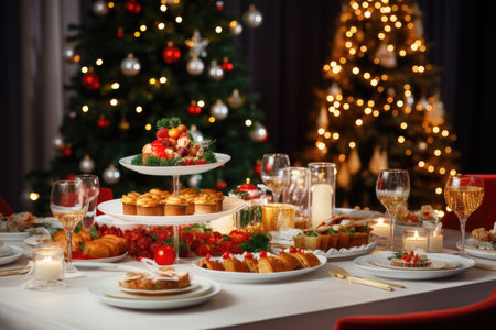 The festive feast set on the table amidst the backdrop of the beautifully adorned Christmas tree.の素材