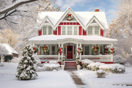 snow-covered house decorated with festive decor and garlands for Christmas.の素材