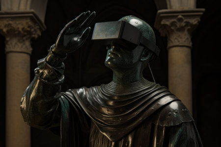 medieval statue wearing a virtual reality helmet. blend of past and future.の素材