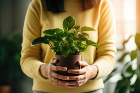 female hands care for plants at home. Home gardening, watering plants, freelancing.の素材