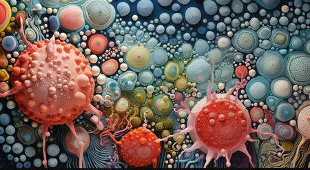 bright and colorful microcosm of microbes, fungi, bacteria.の素材