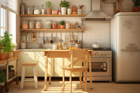 bright kitchen with shelves and storage space. Storage of food in the kitchen in pantry.の素材