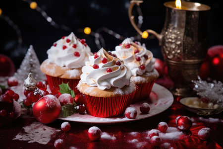 Christmas cupcakes on a plate with whipped cream and Christmas decoration. Christmas and winter background and bokeh.の素材