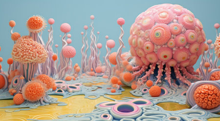 bright and colorful microcosm of microbes, fungi, bacteria.の素材