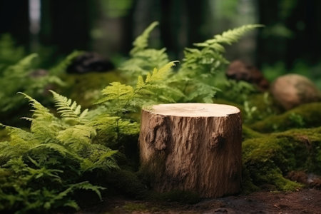 Empty table top made from an old tree stump with green forest background for product display.の素材