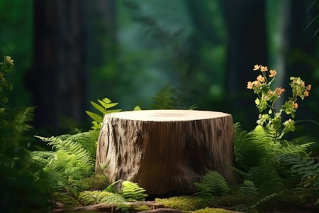 Empty table top made from an old tree stump with green forest background for product display.の素材