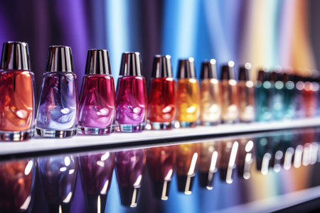 Close-up of colorful nail polish bottles on a mirror surface.の素材