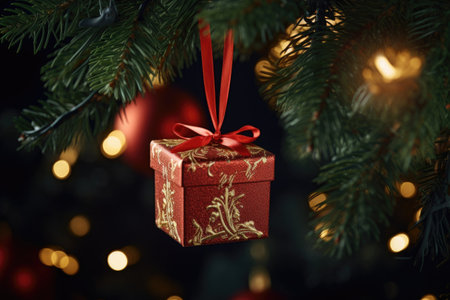 a beautiful small gift box hanging on a Christmas tree branch. New Year's decor.の素材