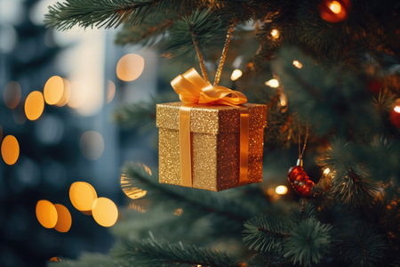 a beautiful small gift box hanging on a Christmas tree branch. New Year's decor.の素材