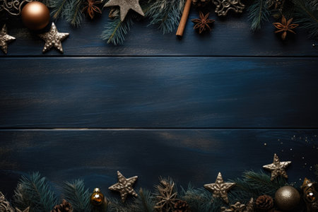 Christmas background with fir tree and decoration on a wooden board. free space.の素材