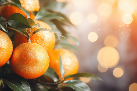 tangerines close-up with leaves and bokeh garlands in the background. Holiday concept.の素材