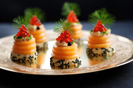 Salmon appetizers with caviar and dill on a plate.の素材