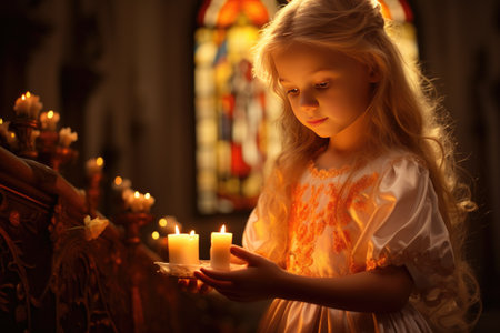Little girl holding candles in front of a stained glass window.の素材
