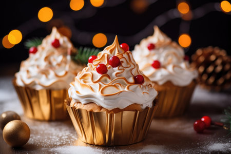 Christmas cupcakes on a plate with whipped cream and Christmas decoration. Christmas and winter background and bokeh.の素材