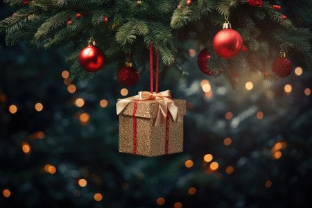 a beautiful small gift box hanging on a Christmas tree branch. New Year's decor.の素材