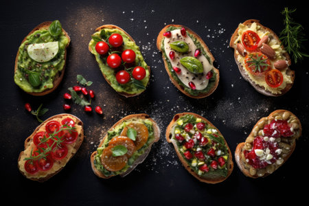 set of different bruschettas with prosciutto, salmon, tomatoes and avocado on a dark background. view from above.の素材