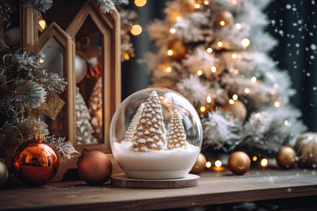 Christmas holiday decor on the background of a Christmas tree, home comfort and holiday concept.の素材